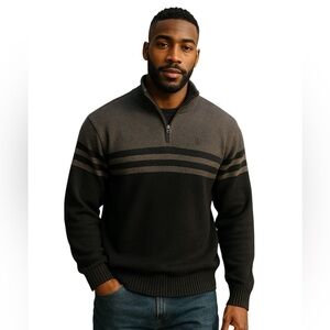 Chaps Sweater Mens Large Grey Black Crest Logo Pullover L/S Cotton Quarter Zip